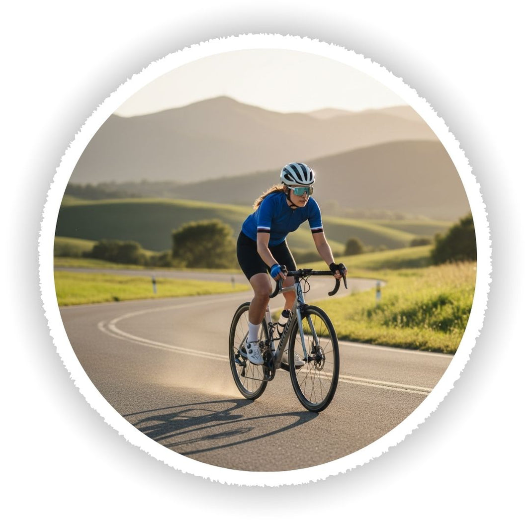 Cyclist on a road with green fields and mountains in the background