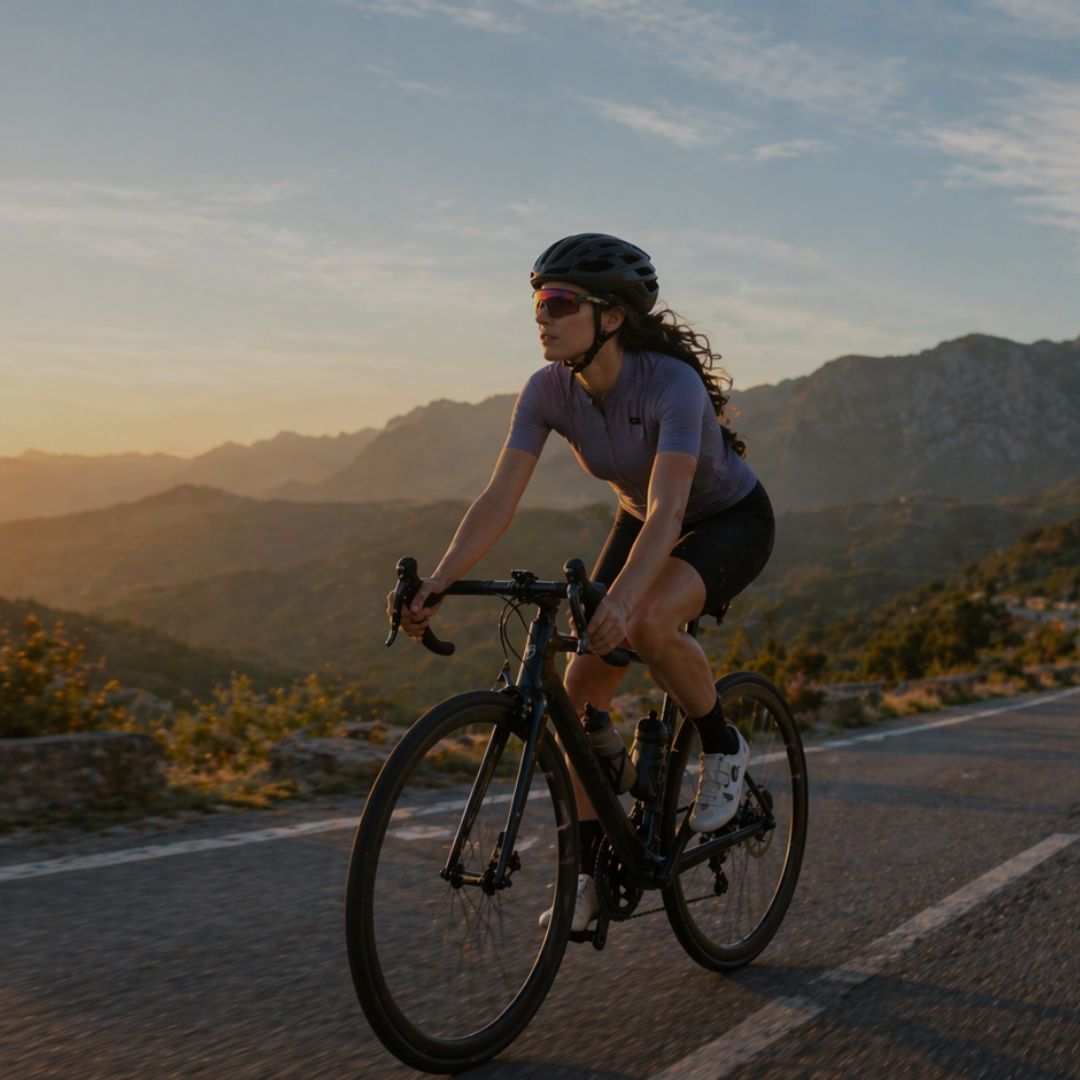 Person cycling on a mountain road during sunset