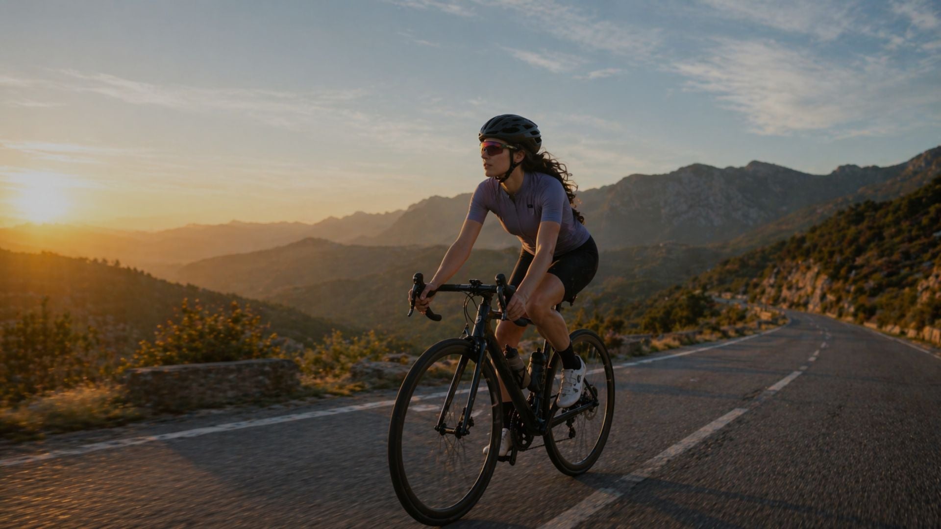 Person cycling on a mountain road with sunset in the background