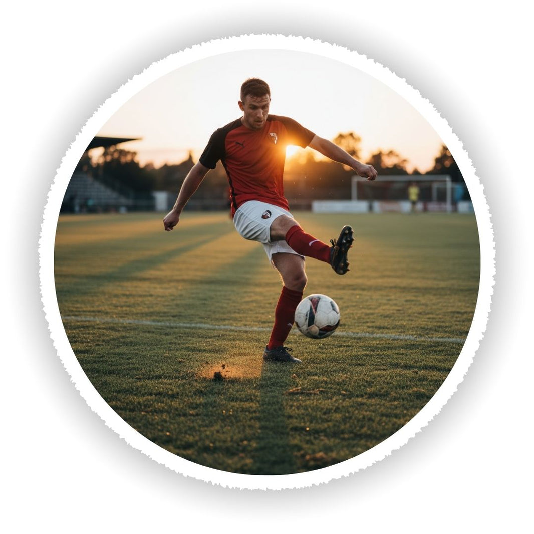 Soccer player in action on a field with sunset in the background