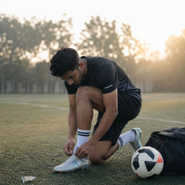 Man tying his soccer cleats on a grassy field with a soccer ball and bag.