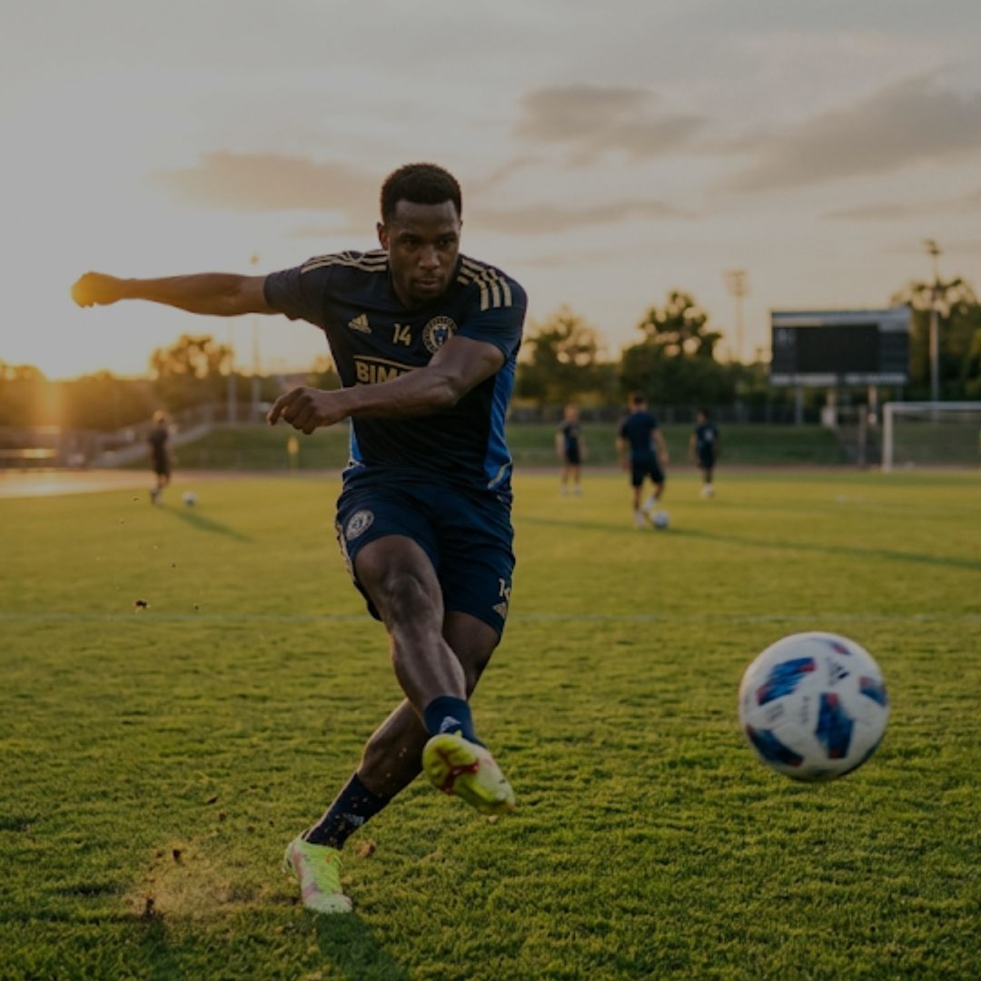 Soccer player in action on a field with sunset in the background