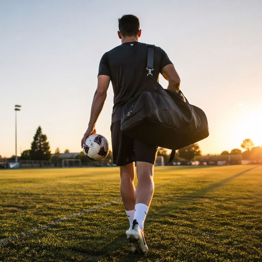 Person walking on a soccer field with a bag and soccer ball at sunset.
