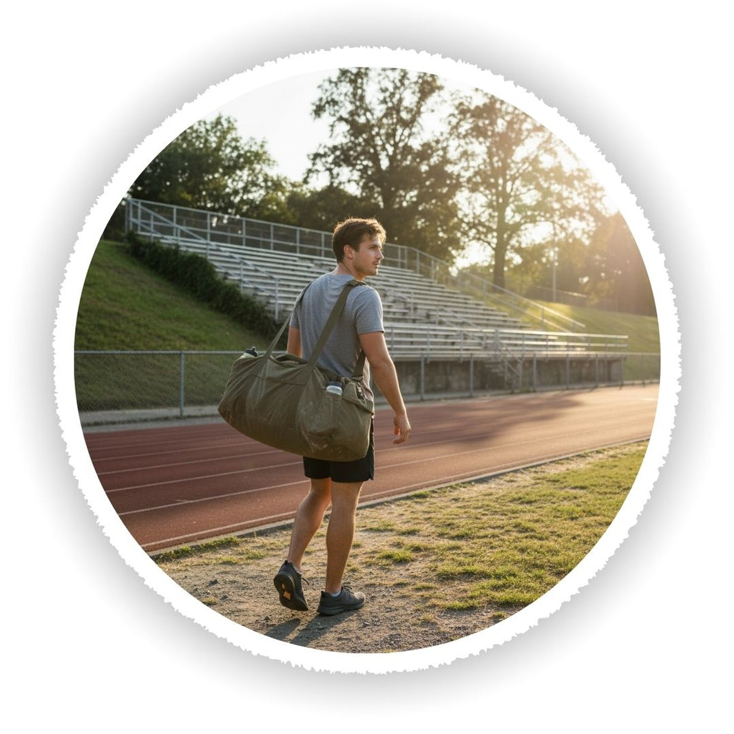 Man walking on a track with a green duffel bag